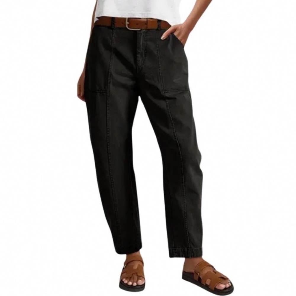 Flamingals Women Medium High Waisted Cargo Pants Washed Black Straight Leg